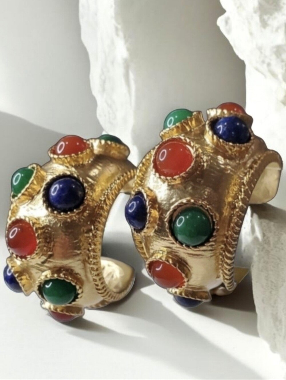 Chunky Oversized Matte Gold Plated Byzantine Mogul Glass Cabochon Hoop Earrings